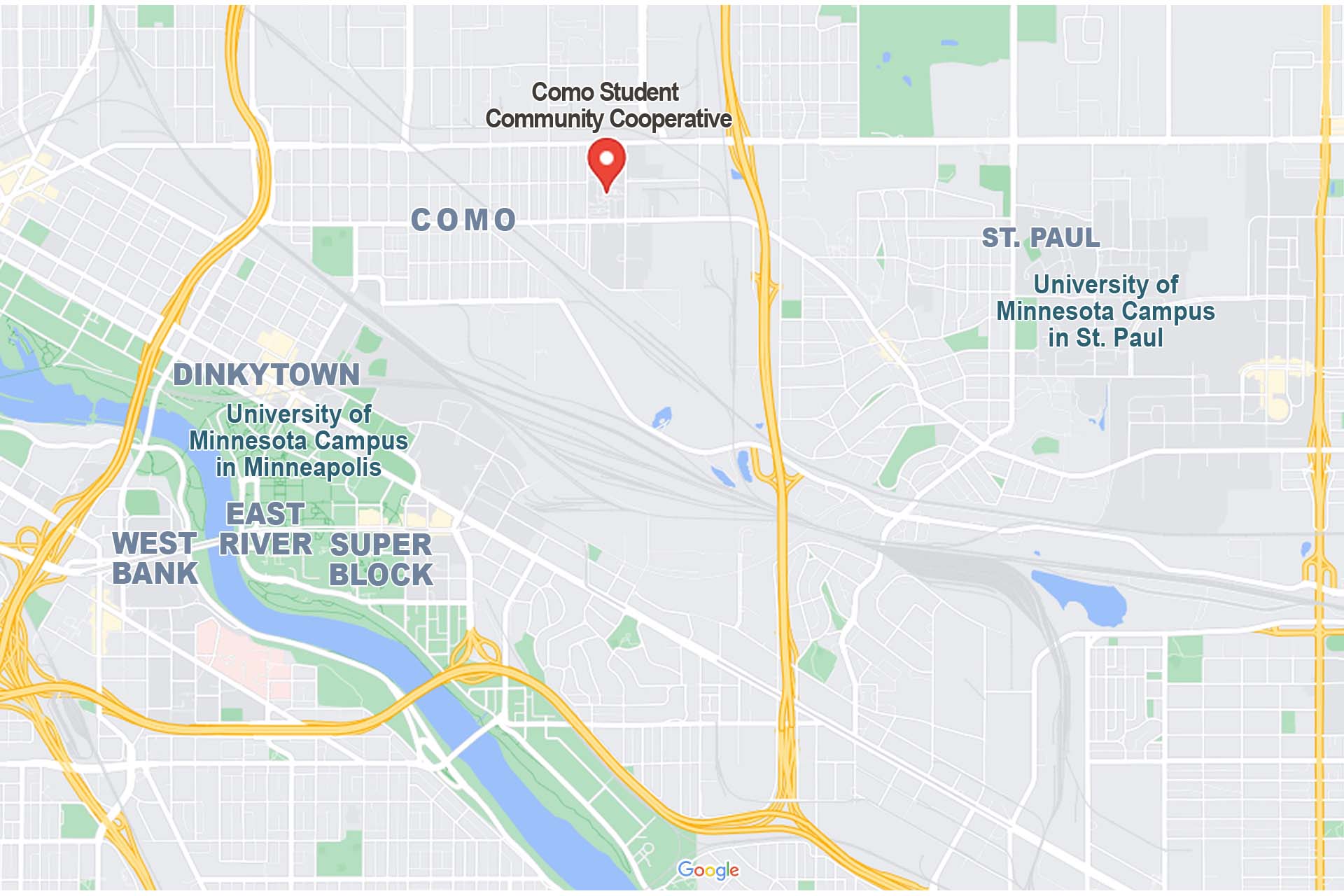 Map showing the location of our Como neighborhood northeast of Dinkytown and east-northeast of the UMN campus in Saint Paul
