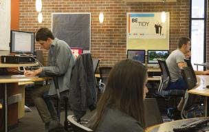 Students using the hall's cyber cafe